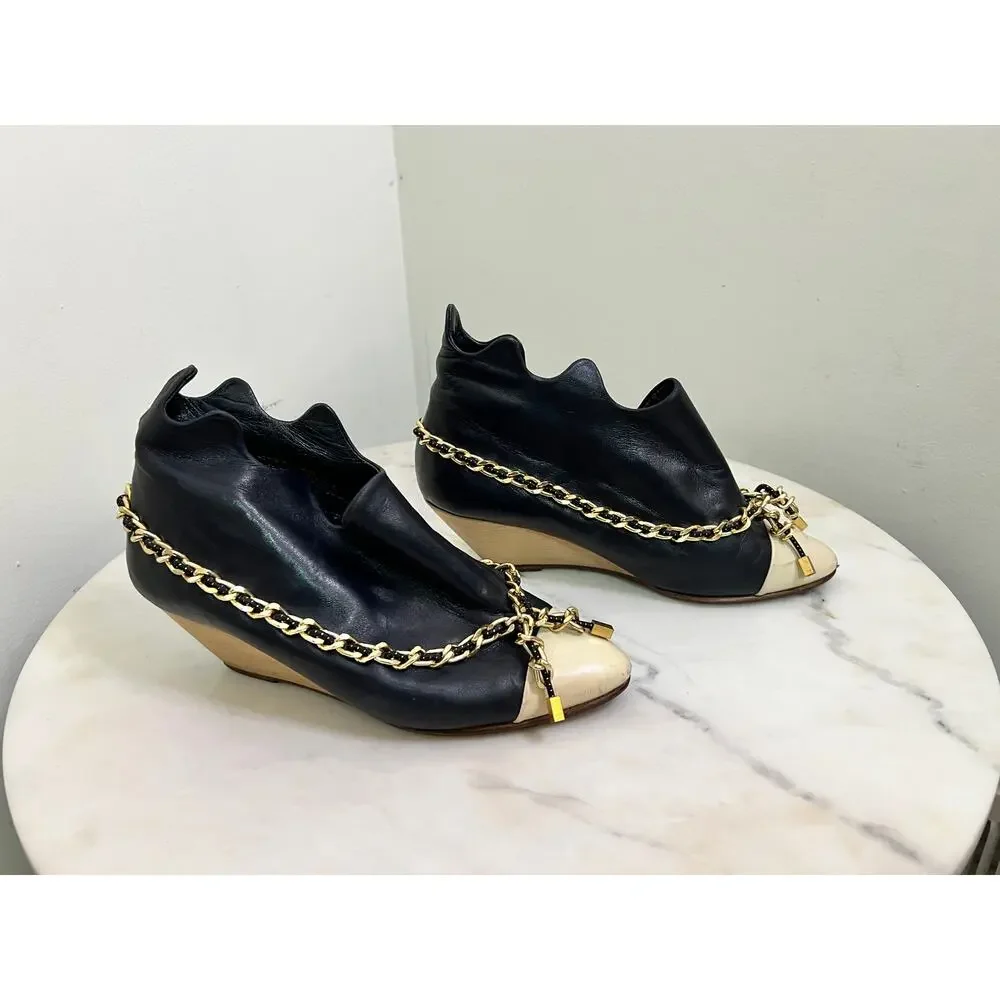 VINTAGE FALL 2008 BERNHARD WILLHELM GOLD CHAIN BLUE/BEIGE WEDGE BOOTIES SZ 7 - Picture 2 of 10